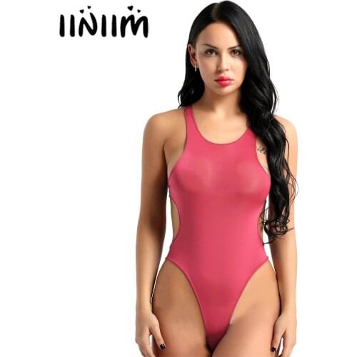 Womens Erotic Sexy Teddies Costume One Piece See Through Sheer Lingerie Scoop Neck Sleeveless High Cut Backless Leotard Bodysuit