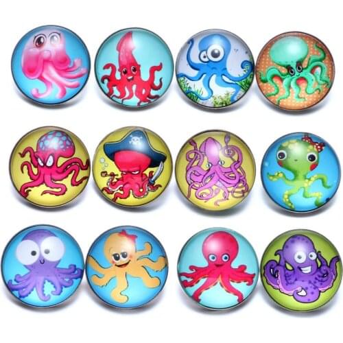 12pcs/lot Octopus Themes Glass Charms 18mm Snap Button Jewelry For 18mm Snaps Bracelet Snap Jewelry KZ0666b