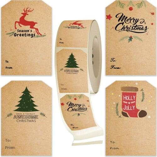 300Pcs/Roll Christmas Present Tag Christmas Kraft Stickers hand written Christmas Tree Elk Label DIY Party Scrapbook Paper