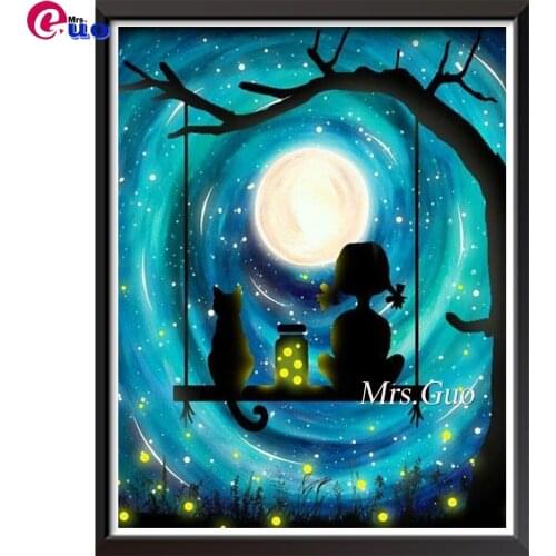 5d Diy Diamond Painting Starry Sky Firefly Cartoon Girl Cat Cross Stitch Diamond Art Embroidery Full Drill Square Home Decor