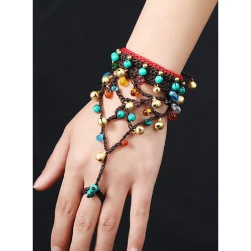 Bohemian Style Turquoise Glazed Wax Rope Hand-Woven Finger One-Piece Bracelet Copper Bell Ethnic Style Women Bracelets On Hand