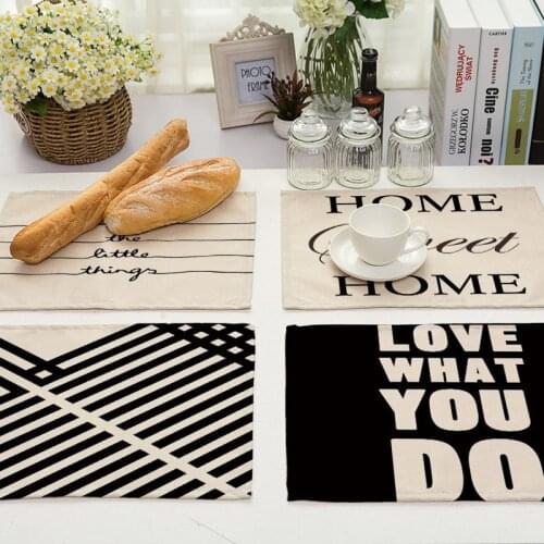 Black Geometric Letter Pattern Placemat Dining Table Mats Drink Coasters Cotton Linen Pads 42*32cm Kitchen Accessories MG0026