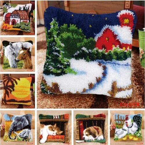 Foamiran White Snow And House Carpet Embroidery Pillow Knooppakket Needlework Set Latch Hook Cushion Button Package knoopkussen