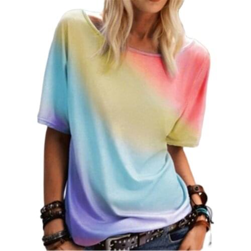Gradient Print Oversize Summer Women T-Shirt Short Sleeve Loose Casual Top Tee Female Plus Size Street Clothing Rainbow Tshirt