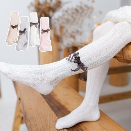 Summer children pantyhose girls tights casual fashion cotton breathable hollow cute bow princess pantyhose white elastic tights