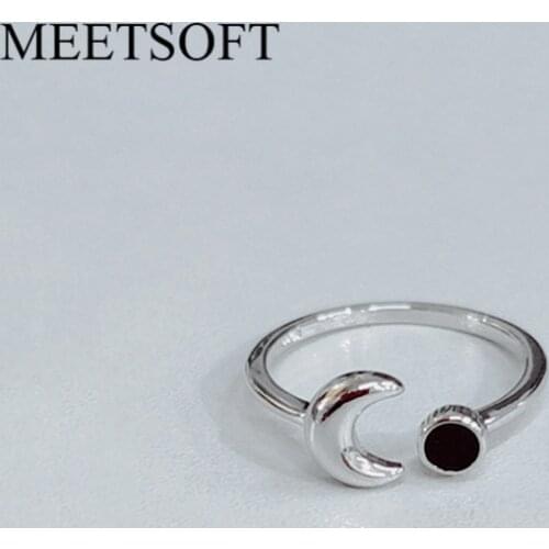 MEETSOFT Silver Color Opening Ring For Women Simple Adjustable Retro Single Black Crystal Moon Jewelry Gift