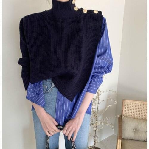 2020 New Knitted Tops Korean Sweater Women Turtleneck Patchwork Striped Pullovers Button Fake Two Piece Set Shirt Autumn Clothes