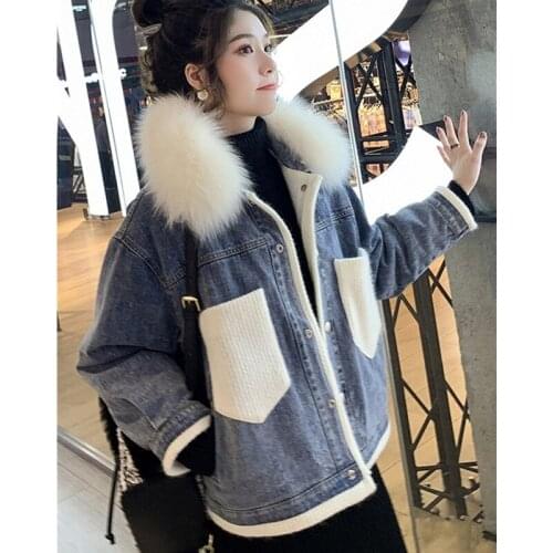 Large Fur Collar Parkas Plus Velvet Denim Cotton Jacket Women Autumn Winter Wild 2021 Thick Korean Loose Stitching Cotton Coat