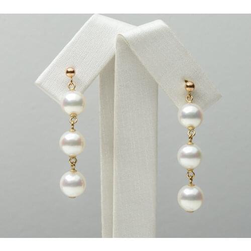 7-7.5mm Round White Real Akoya Pearl Triple Drop Earrings 18k Solid Yellow Gold
