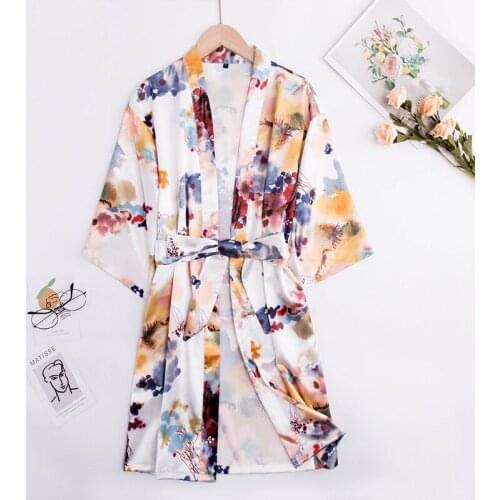 Silk Satin Nightwear Sexy Bathrobe Dressing Gown Lace Cute Print Homewear Bride Lady Robe Nightgown Women Sleepwear