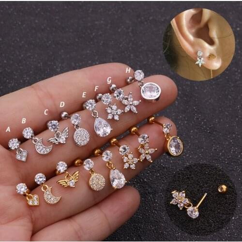 1pc Stainless Steel Barbell With Cz Heart Moon Wing Flower Waterdrop Dangle Tragus Ear Piercing Cartilage Helix Earring