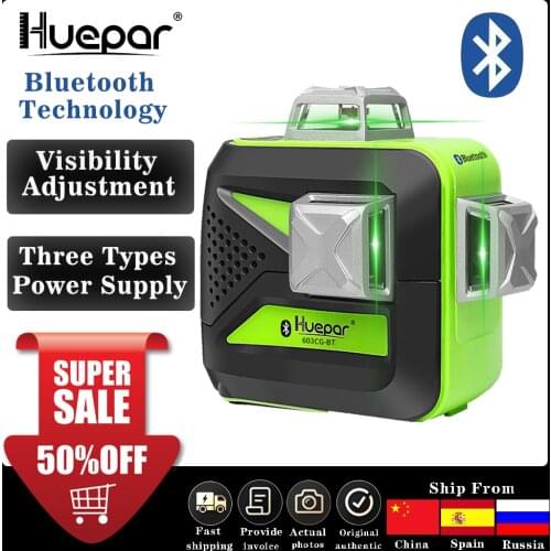 Huepar 12 lines Green Beam 3D Laser Level with Bluetooth Function Self-Leveling Cross Line Charge Use Dry & Li-ion Battery