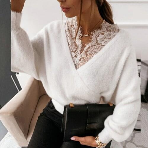 Spring Elegant Plush Sweater Solid Color Lace Splicing Deep V-Neck Long Sleeve Loose Crop Pullover Women Ladies