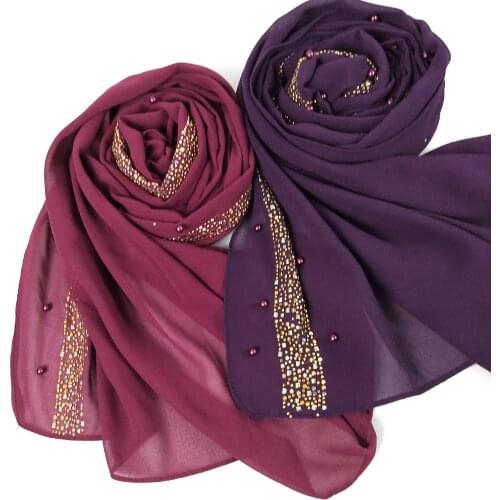Spring 2021 hot sale Muslim pure color pearl chiffon hot diamond beads monochrome high quality headscarf