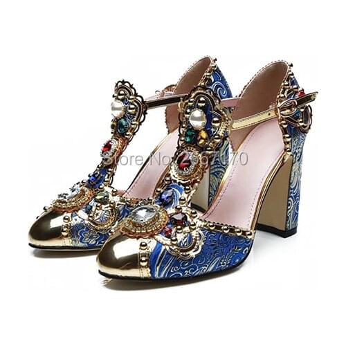 Shooegle Designer Shoes Women Luxury 2018 Runway Pumps Gemstone Pearled Summer Sandals T-Strap Chunky Heels Crystal Blue Sandles