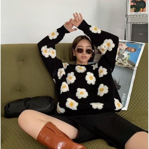 Fall 3D Embroidered Floral Knitted Round Neck Long Sleeve Womens Oversized Casual Elegant Simple Harajuku Loose Sweater Pullover