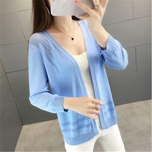 Women New 2020 Summer Long Sleeve V-Neck Knit Ice Silk Cardigan Sweater Coat Female Air Conditioning Sunscreen Casual Knitwear