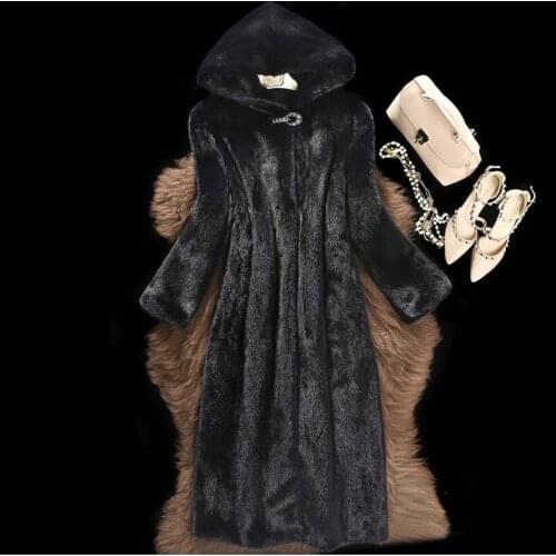High Quality Black Womens Long Section Fake Mink Fur Overcoats Large Size Feae Hooded Faux Fur Outwears Fluffy Jacket D442