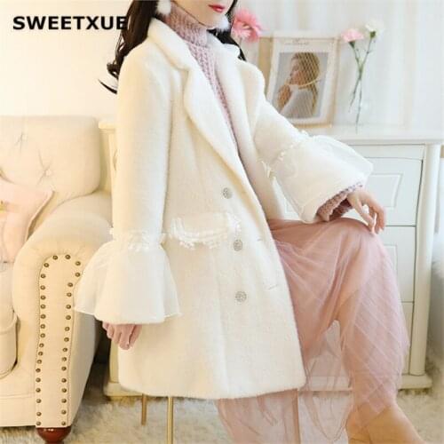 SWEETXUE French Temperament Diamond Double-breasted Stitching Mesh Trumpet Sleeve Foreign Mink Wool Coat Women Lovely Jacket