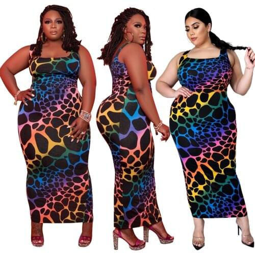 Echoine Plus Size Leopard Bodycon Dress O-neck Sleeveless Maxi Dresses for Women Casual High Street Wear 2021 Drop Shipping