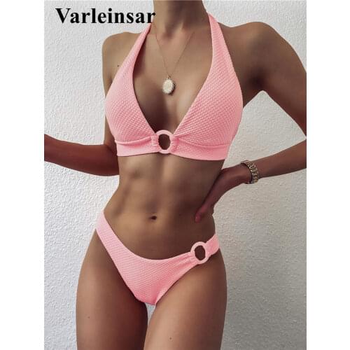 Sexy 2020 Halter Pink Bikini Women Swimwear Female Swimsuit Two-pieces Bikini set Mid Waist Bather Bathing Suit Swim Lady V2424