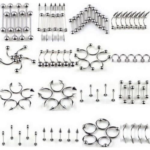 66Pcs/Lot Stainless Steel Black Curved Eyebrow Nose Lip Nipple Ears Rings Punk Unisex Body Piercing Jewelry