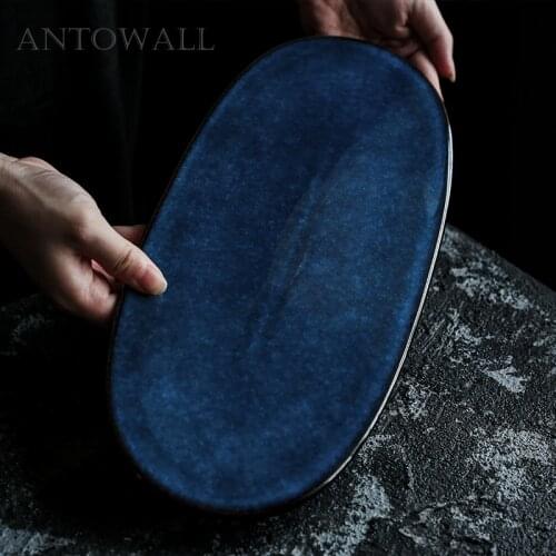 ANTOWALL Nordic ceramic western dishes home oval tray sushi sashimi flat plate Dim Blue series