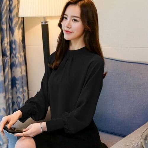 Korea style simple elegant soft chiffon shirt 2019 spring new lantern sleeve solid long sleeve blouse for women