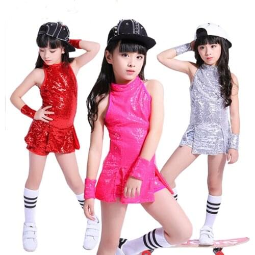 Childrens Performance Pink Stagewear Hip Hop Jazz Dance Girls Modern Street Dance Clothes Sequins Cheerleader Costume Dress