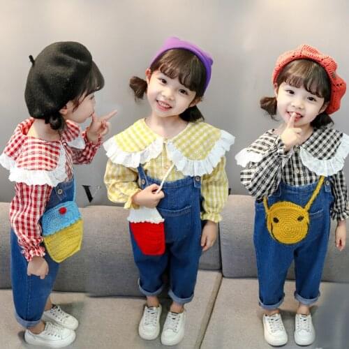 Baby Girl Clothes Spring Autumn Girls 2pcs Toddler Girl Clothes Lapel Plaid Shirt Suspenders Jeans Clothes Kids Clothes Girls