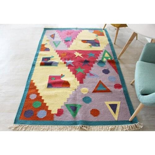 India Manual Weave Pure Wool Kilim Kilrim Children Cartoon Lovely Colour Graphical Carpet