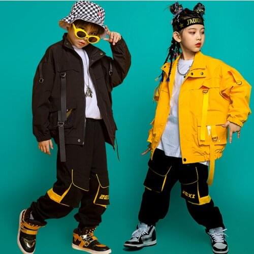 Children Hip Hop Clothing Long Sleeve Suit Overalls Jacket Black Hip Hop Pants For Girls Jazz Ballroom Dancing Clothes BL5227
