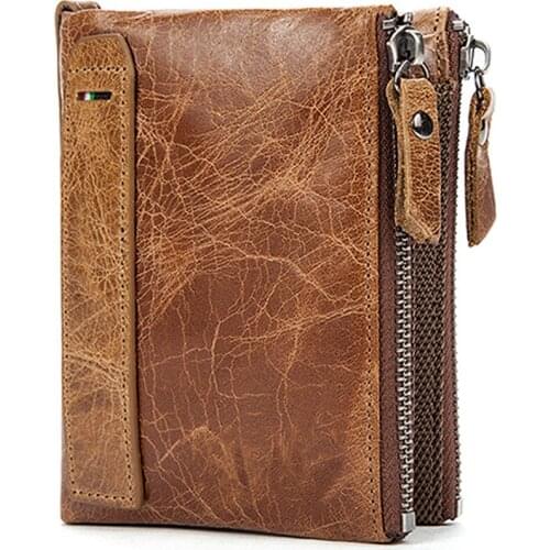 Leather Men Wallets Short Credit Business Card Holders Double Zipper Cowhide Leather Wallet Purse Carteira