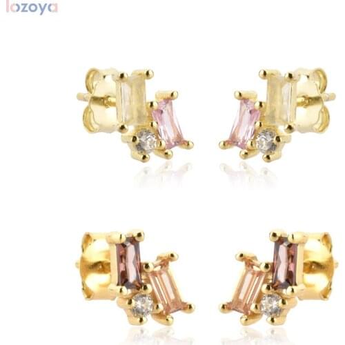 LOZOYA 925 Sterling Silver Ovals Square Zircon Champagne Stud Earring Piercing jewlery Rock Punk Jewelry Gift Wedding Gift
