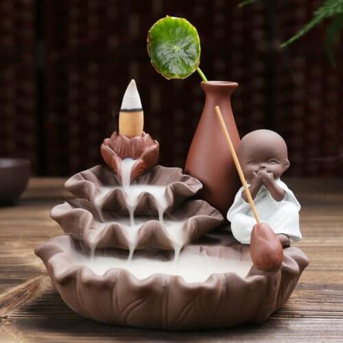 Fashion Waterfall lncense Burner Holder Ceramic Monk Set Lotus Burner for Home Decor Incense Base Living Room Christmas Gift