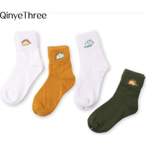 Fashion Cute Creative Dinosaur Embroidery Cotton Women Socks High Quality Cartoon Funny Monster Socks Spring Summer Lovely Socks