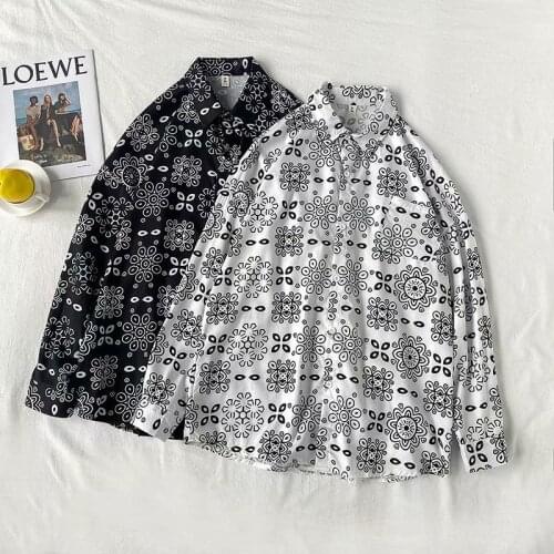 2020 autumn new national style long-sleeved shirt mens lapel trend personality pattern mens shirt