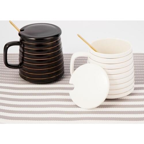 New White/Black Tea Set with Spoon Lid Gold Thread Ceramic Cup Handmade Juice Milk Tea Mug Home Office Drinkware Tool