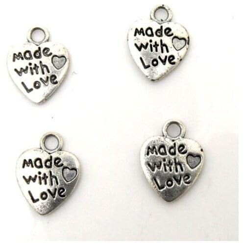 Wholesale 50pcs 12*10mm Metal Made With Love Double Face Charm Antique Bronze Silver Heart Charms DIY Jewelry Accessories ZN-77