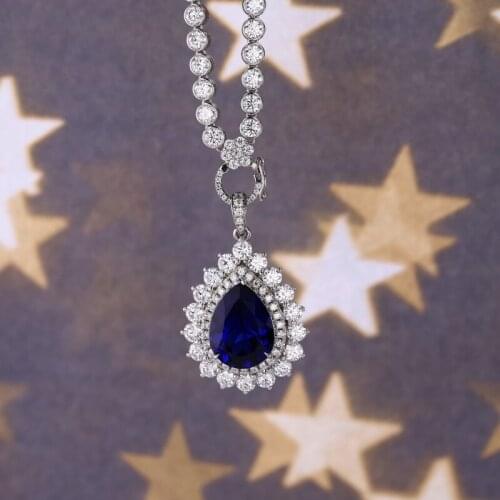 Hip hop Tennis Necklace 9K moissanite Chain with lab grown diamond Royal blue pendant