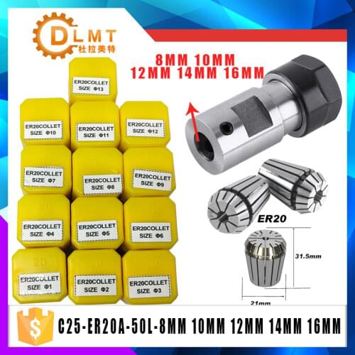 ER20 Collet Chuck 13PCS C25 ER20 Motor Shaft Extension Rod Spindle Collet Lathe Tools Holder Inner 8MM 10MM 12MM 14MM 16MM