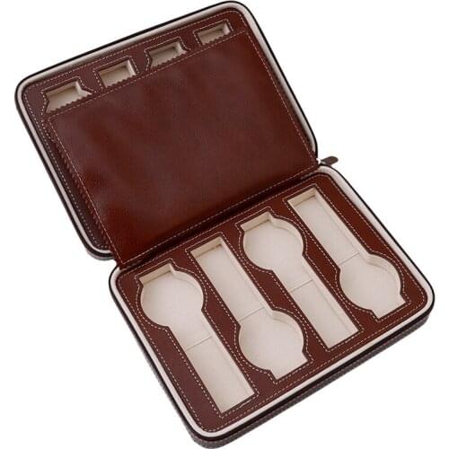 4/8 Holes Portable Zipper Watch Bag Luxury Box For Watches Leather Watch Box Travel Watch Packing Coffee Color