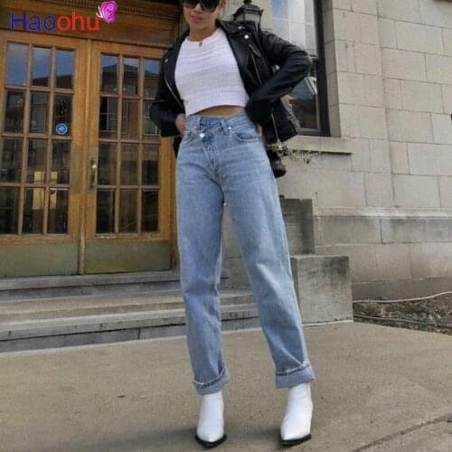 HAOOHU High Waist Straight Jeans Women Streetwear Casual Style Boyfriend Jeans for Woman Loose denim Pants Female