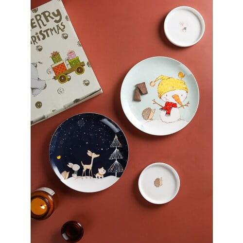 Merry Christmas 2 plate set gift box 8 inch ceramic plates snowman bone China in glazed decoration round dishes and plates