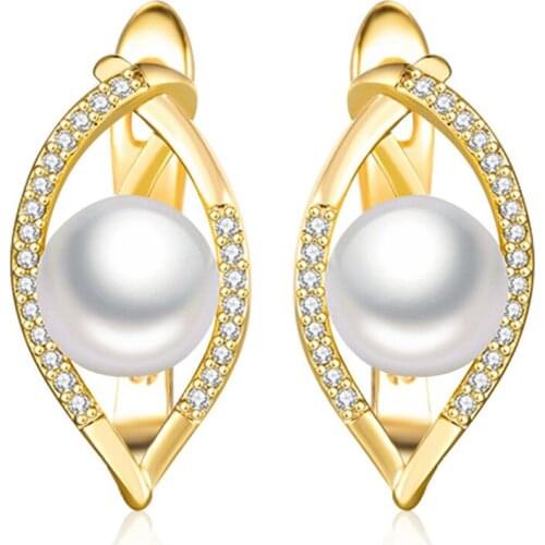 Light Yellow Gold Color Geometric Shape Pearls Stud Earrings with Cubic Zirconia Trendy Jewelry