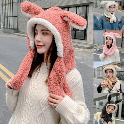 Fashion Winter Warm Sweet Cartoon Movable Rabbit Ear Hat Cute Windproof Scarf Cute Winter Thick Hoodies Scarf for Adults Kids