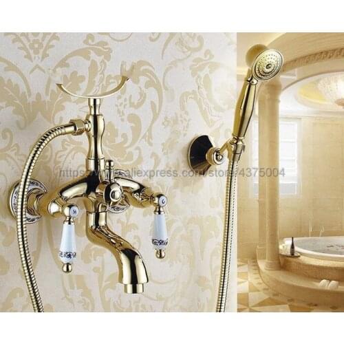 Bathtub Faucets Wall Mounted Gold Color Brass Bathtub Faucet With Hand Shower Bathroom Bath Shower Faucets Ntf406