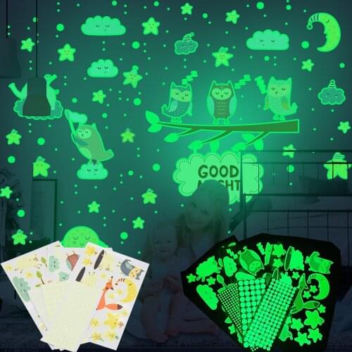 Luminous Wall Stickers for Kids Childrens Room Cartoon Owl Branch Star Dot Fluorescent PVC Home Decor Nursery Sticker Peel Stick