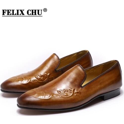 FELIX CHU Street Fashion Mens Loafer Slip On Genuine Leather Brown Casual Business Dress Shoes Party Wedding Mens Footwear