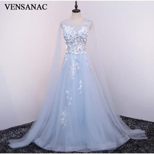 VENSANAC 2018 Crystal O Neck Lace Flowers A Line Long Evening Dresses Elegant Party Appliques Tulle Prom Gowns
